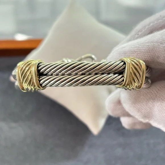 David Yurman 925 & 14k Gold Double Cable Metro Bracelet-Small - Picture 5 of 9